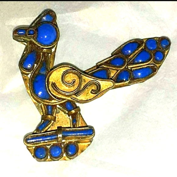 Antique Nepal Tibet Brass Lapis Peacock Bird Pin Brooch - Picture 1 of 2
